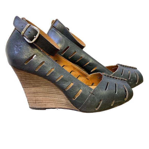 Frye Gwen Ankle Strap Black Leather Wedge Sandals 9.5 - Picture 3 of 11